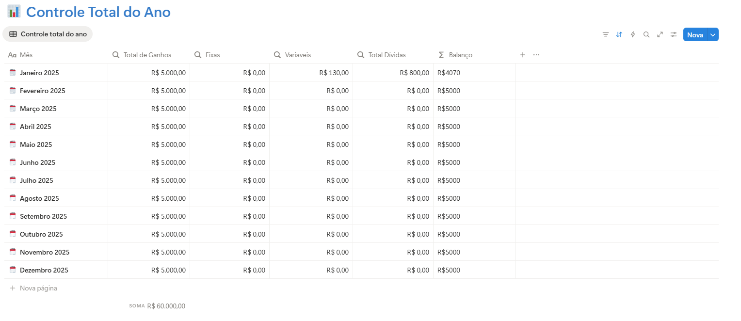 Controle Total do Ano - Tabela mensal de finanças