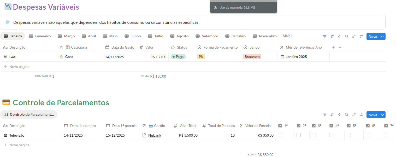 Controle de despesas variáveis e parcelamentos