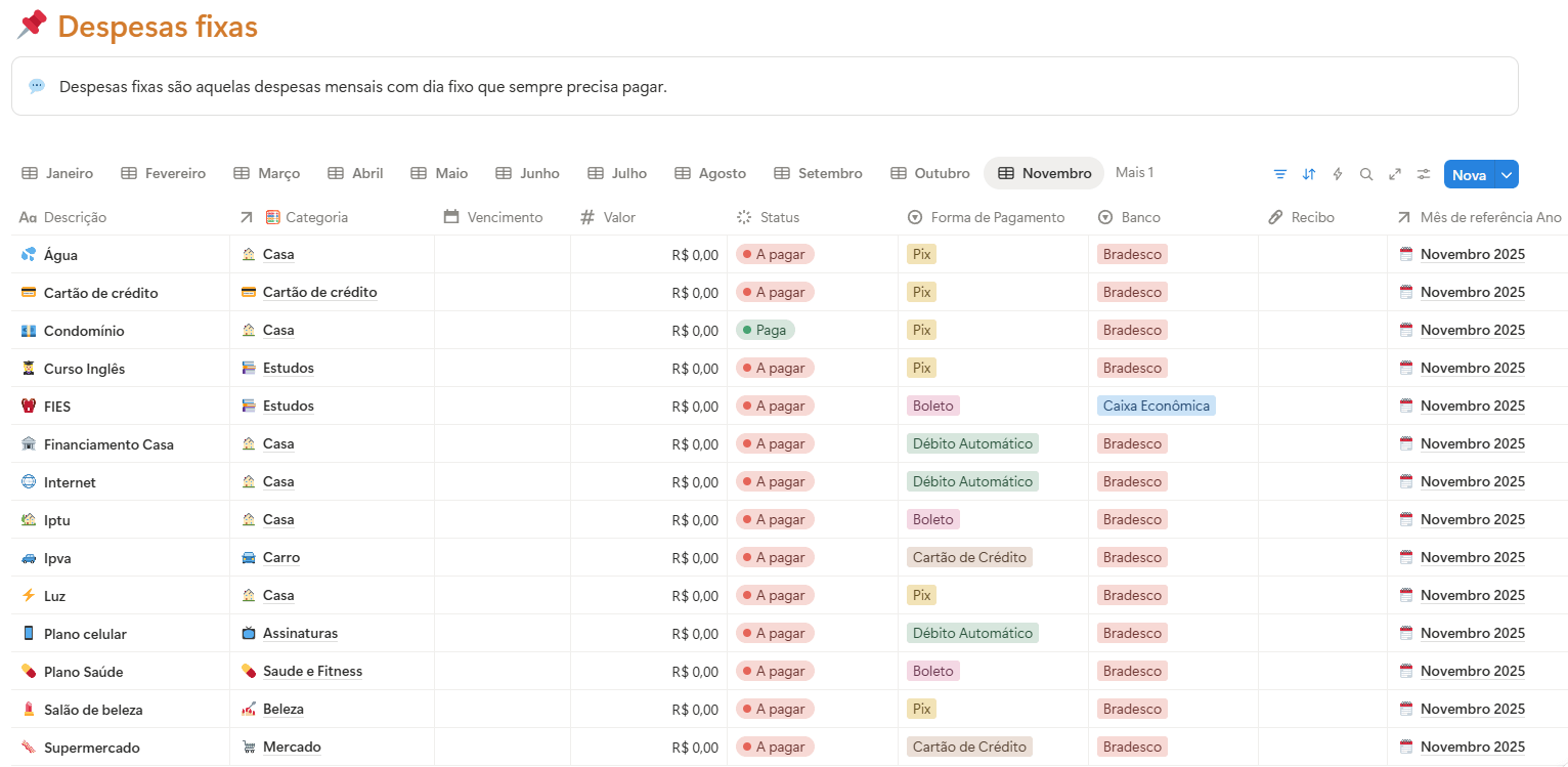 Controle de despesas fixas mensais